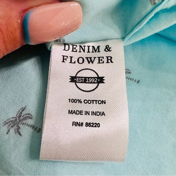 Denim & Flower Ricky Singh Mens Palm Tree Teal Collared Shirt Sz L slim fit NWOT - Picture 10 of 11